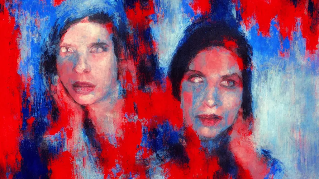 Image similar to portrait of rebekah delrio in mulholland drive, blue and red lights painted by craig mullins