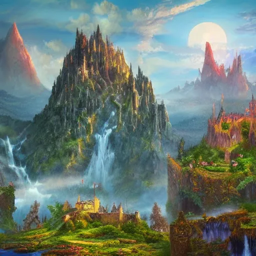 Image similar to A beautiful image of a fantasy landscape with towering mountainst and small castles scattered along a deep valley, 4k
