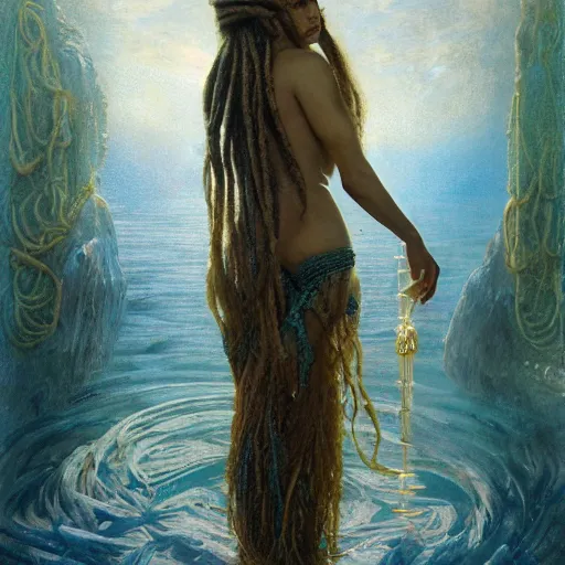 Image similar to birth of mami wata, sumerian goddess inanna ishtar, ashteroth, techno mystic goddess princess intergalactica, with aqua neon rapunzel dreadlocks, mami wata, detailed, by gaston bussiere, bayard wu, greg rutkowski, giger, maxim verehin, greg rutkowski, masterpiece, sharp focus,