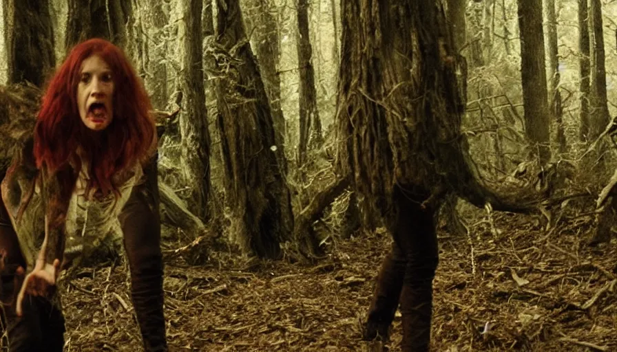 Prompt: 16 mm indie horror film about demons attacking people in the forest