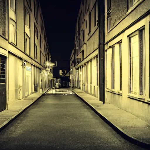 Image similar to lonely old lantern on empty modern street at night