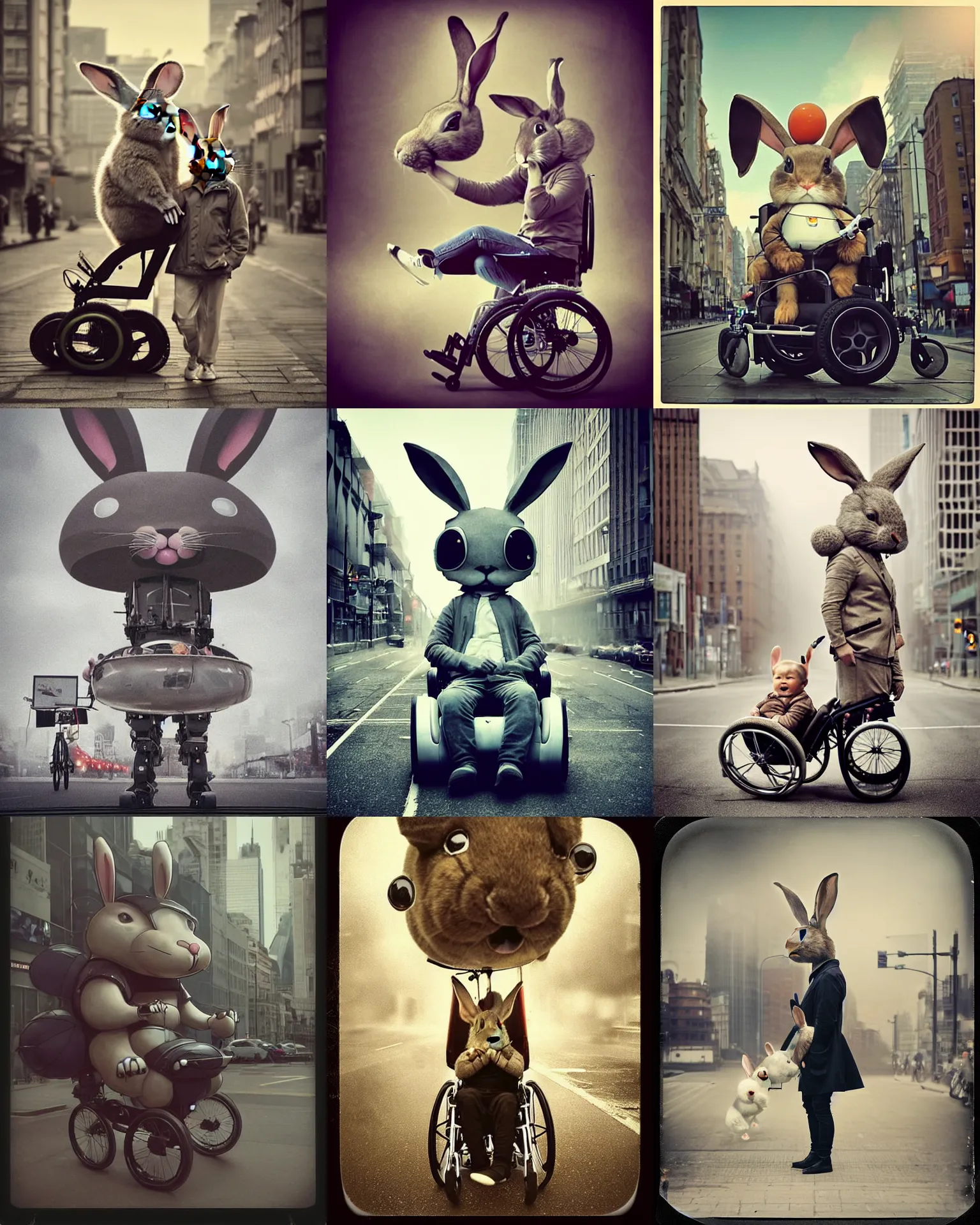 Prompt: long whiskers!! epic pose!!! giant oversized battle rabbit robot chubby mech baby sport wheelchair! double decker with giant oversized ears and rabbit babies ,in busy city , full body , Cinematic focus, Polaroid photo, vintage , neutral dull colors, soft lights, foggy mist , by oleg oprisco , by national archives, by discovery channel, by victor enrich , by gregory crewdson