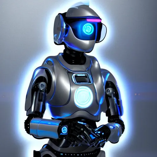 Image similar to “A robotic female police officer in futuristic ballistic armor with neon LEDs in front of police car with sirens on, highly detailed digital art photorealistic”