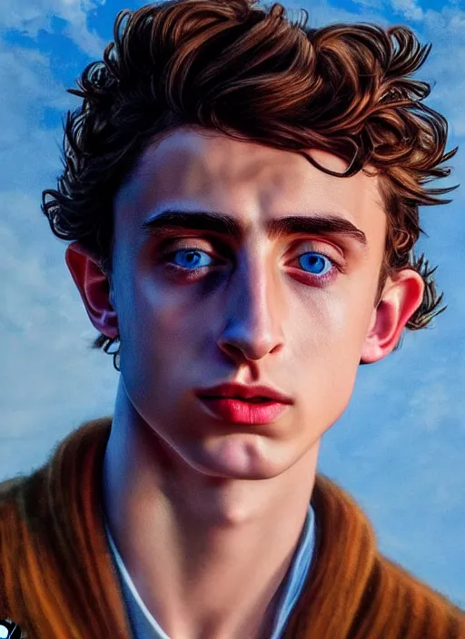 Image similar to hyperrealistic close-up TIMOTHEE CHALAMET with long BLONDE hair & blue eyes! highly detailed concept art eric zener elson peter cinematic hard blue lighting high angle hd 8k sharp shallow depth of field, inspired by David Paul Cronenberg and Zdzisław Beksiński