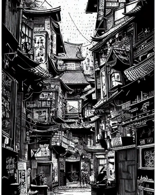 Prompt: highly detailed ink illustration of a dark alley of taipei, b & w clean shaped illustration by kim jung gi, ric estrada, ron english and eiichiro oda
