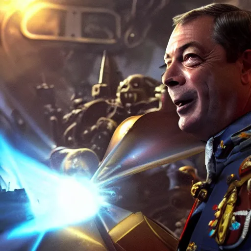 Prompt: nigel farage in warhammer space marine, splash art, movie still, cinematic lighting, dramatic, octane render, long lens, shallow depth of field, bokeh, anamorphic lens flare, 8 k, hyper detailed, 3 5 mm film grain