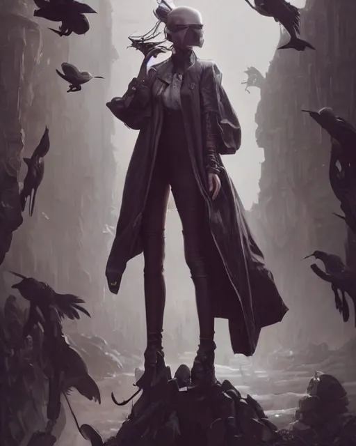 Image similar to beautiful fantasy character portrait, natalie portman, wearing oversized black trench coat, ultra realistic, wide angle, dramatic lighting, vultures, cyberpunk artifacts, highly detailed by peter mohrbacher, hajime sorayama, wayne barlowe, boris vallejo, aaron horkey, gaston bussiere, craig mullins