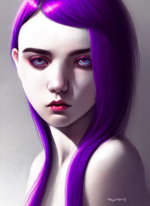 Image similar to hair whitebangs hair, black hair, whitebangs, portrait of teenage girl with white bangs, red irises, purple clothes, white bangs, bangs are different color from hair, intricate, elegant, glowing lights, highly detailed, digital painting, artstation, concept art, smooth, sharp focus, illustration, art by wlop, mars ravelo and greg rutkowski