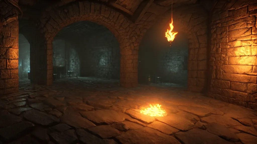 Image similar to delicious torch lit prison dungeon jail cell alchemist light magic atmospheric unreal engine hyperreallistic render 8k character concept art masterpiece screenshot from the video game the Elder Scrolls V: Skyrim moody orange 2700K global illumination