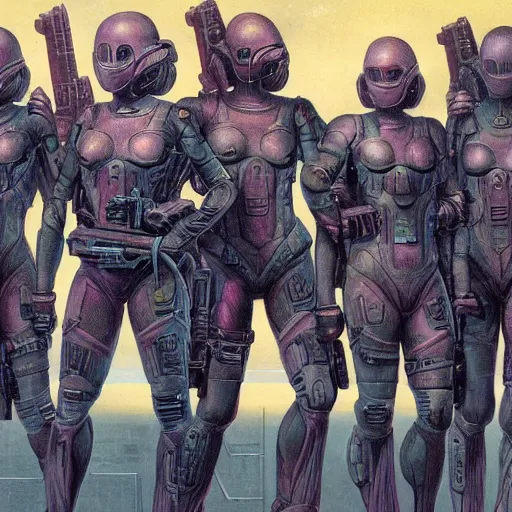 Prompt: all - female tactical scifi team, by wayne barlowe