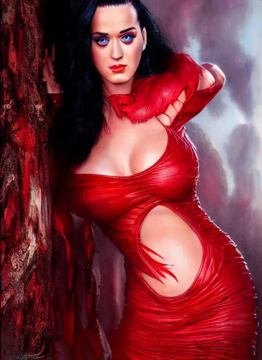 Prompt: katy perry in a red dress by luis royo. highly detailed 8 k. intricate. lifelike. soft light. nikon d 8 5 0. cinematic post - processing
