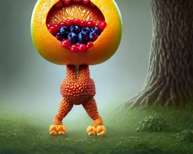 Image similar to a fruit figurine monster made of different fruit, 3 4 5 3 1, walking around in a forest, staring wide open eyes, open mouth, very detailed eyes, trees and flowers, rays of sunlight, oil painting, highly detailed, dramatic lighting, hyperrealistic, 8 k, smooth, intricate, artstation, cgsociety, by artgerm, by wlop