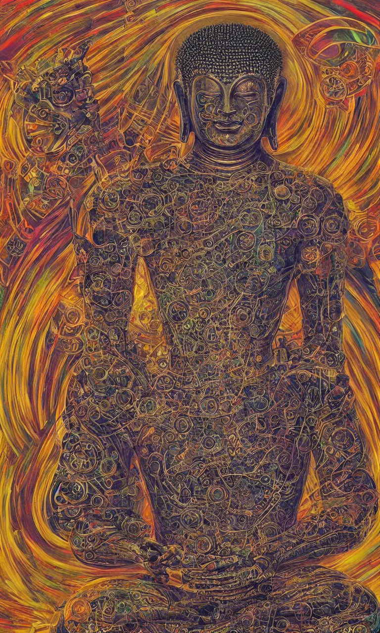 Prompt: biomechanical buddha meditating, cyberpunk, psychedelic, realistic oil painting by alex grey and gustave dore,