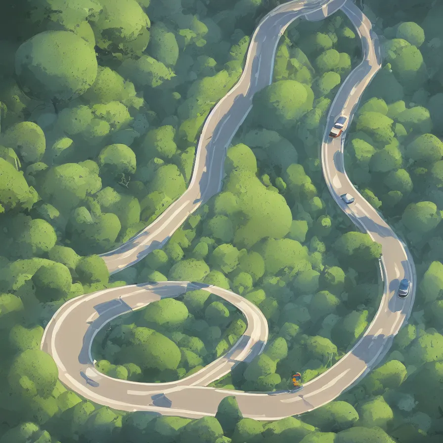 Image similar to View from above of a mountain road descending in curves, art by Goro Fujita, ilustration, concept art, sharp focus, ArtStation and deviantart