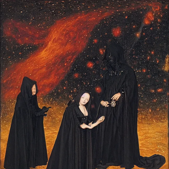 Image similar to a goblin monster and a woman in a black cloak, in a nebula, by Jan van Eyck