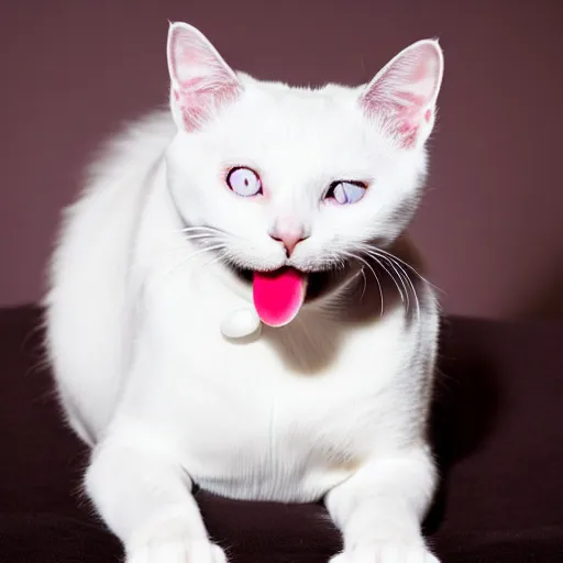 Image similar to A photograph of a white cat with black fur around her eyes sticking tongue out, looking at camera, warm lighting, cute, playful