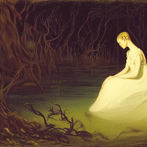 Image similar to girl in white dress sits by a pond in an apocalyptic dark forest at night, by john martin