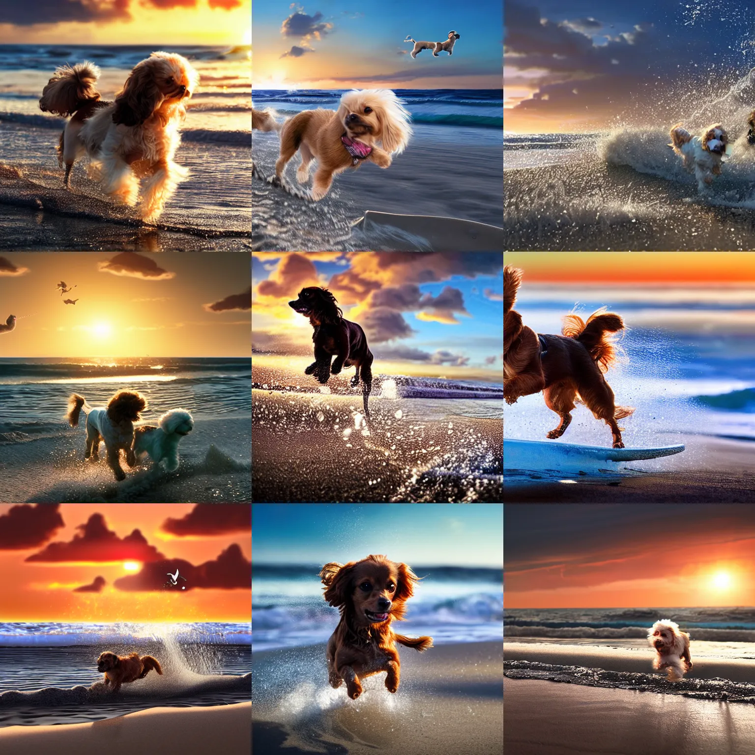 Prompt: a photorealistic closeup image of a cute brown long haired chihuahua cocker spaniel dog chasing a white bichon frise puppy across the beach. sunset, surf. brightly lit. extreme detail. unreal engine