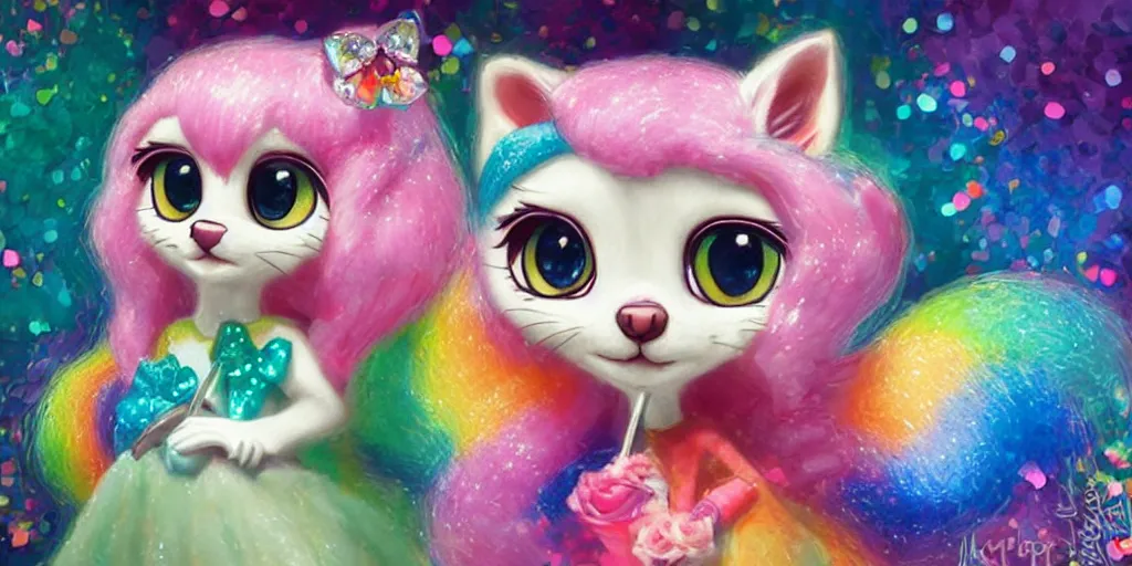 Prompt: 3 d littlest pet shop cat, lacey accessories, glittery wedding, ice cream, gothic, raven, rainbow, smiling, forest, master painter and art style of noel coypel, art of emile eisman - semenowsky, art of edouard bisson