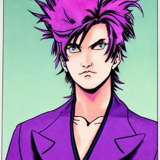 Image similar to boy with eccentric pink hair wearing a purple suit, artwork made by hirohiko araki