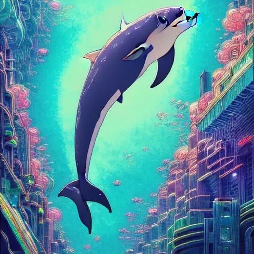 Image similar to a beautiful hyperdetailed character design 4 k wallpaper illustration of a cute dolphin, victo ngai cyberpunk style, from china, style of studio ghibli, makoto shinkai, raphael lacoste, louis comfort tiffany, artgerm, james jean, ross tran, chinese style