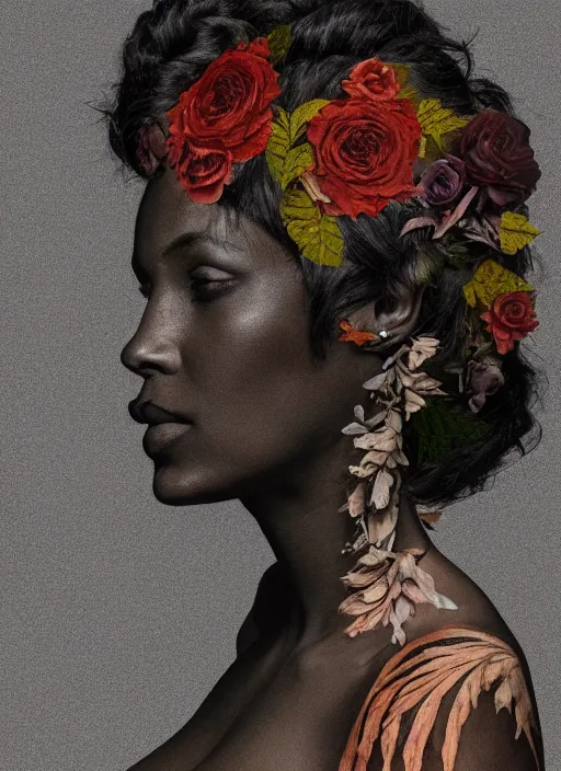 Image similar to a beautiful black woman's face in profile made of leaf and floral 🌹💐 skeleton, in the style of the dutch masters and gregory crewdson, colorful hair, dark and moody aesthetic, 8 k, matte, intricate detail, hyper detailed, surrealism, fantasy, elegant,