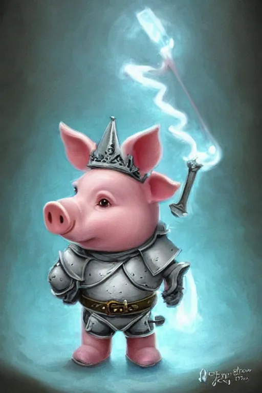 Image similar to cute little cartoonish anthropomorphic piglet knight wearing a cape and a crown, caricature, tiny, small, miniature pig, baby animal, short, pale blue armor, cute and adorable, pretty, beautiful, DnD character art portrait, matte fantasy painting, DeviantArt Artstation, by Jason Felix by Steve Argyle by Tyler Jacobson by Peter Mohrbacher, cinematic lighting