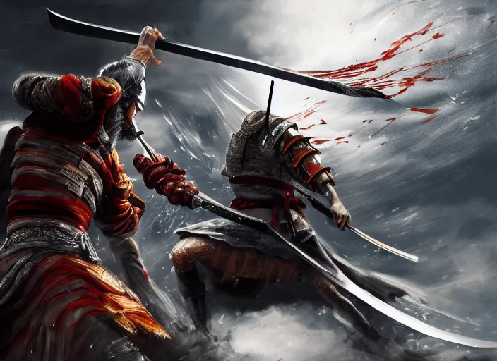 Image similar to a samurai clashes swords with an arabic god creature, digital painting masterpiece, advanced lighting technology, hyperrealistic intense cinematic detail, beautiful, gorgeous, intricate brush strokes, 4 k wallpaper, inspired by sword of the berserk