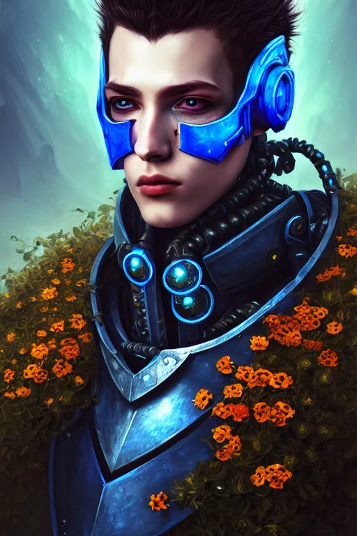 Image similar to portrait of beautiful young man, warhammer, cyber style, cyberpunk armor, a lot of more scars, more and more flowers, blue head, the middle ages, highly detailed, artstation, illustration, artgerm sylvari portrait, 8 k quality, art by gustav klimt