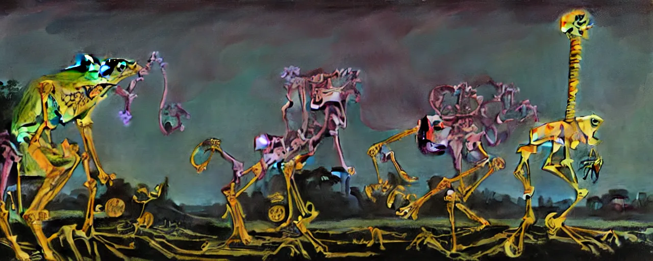 Prompt: muppet frog horseman riding a glowing baroque unicorn skeleton in foggy dark landscape, in style of tarot card, painting by neo rauch, part by adrian ghenie and daniel richter, in color palette of francis bacon, eerie, mystical, sublime