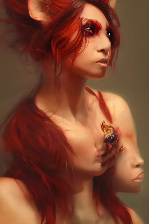 Image similar to a detailed portrait of a beautiful woman with ( red panda ) features, in professional makeup, dramatic lighting, by artgerm, ross tran, greg rutkowski, 4 k, trending on artstation