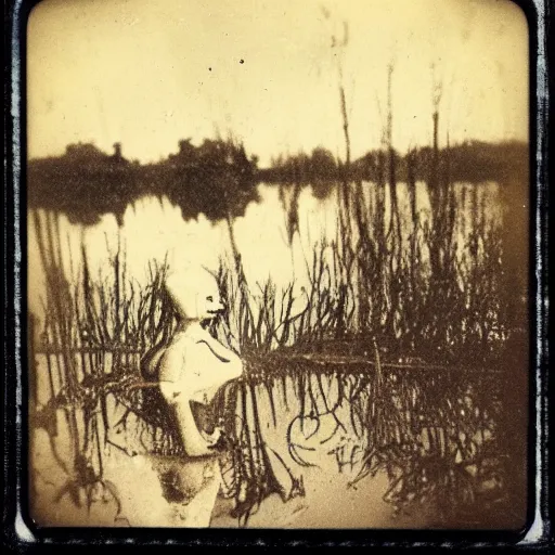 Image similar to creepy lovecraftian monster in swamp, 1 9 1 0 polaroid photo