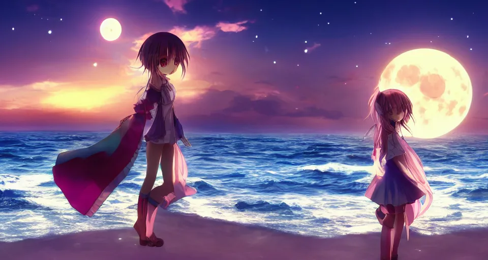 Prompt: one anime girl standing on a pier with the ocean as background at twilight, her blue shiny detailed eyes are looking at the camera, cute, big moon above the water, colorful, magical, detailed face, 8k, based on Puella Magi Madoka Magica