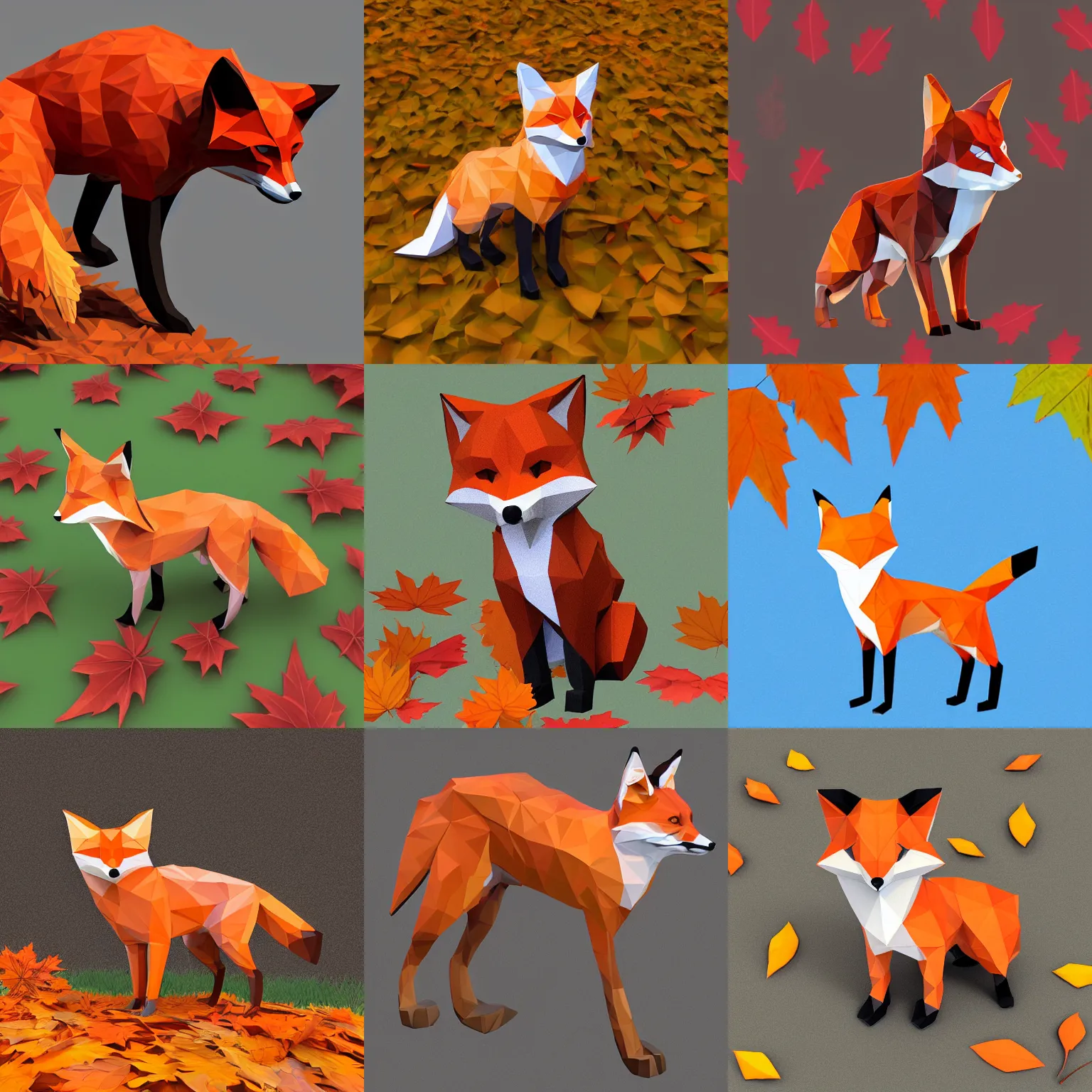 Prompt: super detailed lowpoly fox standing on hyper detailed lowpoly autumn leaves