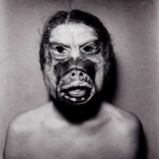 Prompt: photo of ugly brutal animal face mask muscular cultist by Diane Arbus and Louis Daguerre