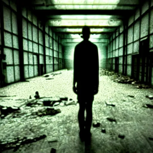 Prompt: runaway replicant standing in a dirty abandoned factory, still from closed circuit tv footage, high angle