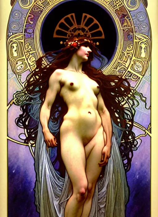 Image similar to awe-inspiring award-winning concept art nouveau painting of attractive figure called the goddess of the moonbow, by Alphonse Mucha, Michael Whelan, William Adolphe Bouguereau, John Williams Waterhouse, and Donato Giancola, fierce, extremely moody lighting, glowing light and shadow, atmospheric, shadowy, cinematic, diffuse lighting, fantasy, intricate, elegant, highly detailed, lifelike, photorealistic, digital painting, artstation, illustration, concept art, smooth, sharp focus, art by John Collier and Albert Aublet and Leonardo da vinci and Krenz Cushart and Artem Demura and Alphonse Mucha