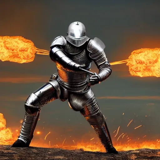 Prompt: Knight in shiny chrome armour on a hill with an ongoing battle behind him, photorealistic, 8k, warm and cold colours, fireballs flying through the sky