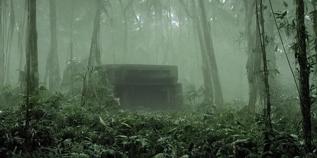 Prompt: film still of a dark research outpost in a moist foggy jungle, science fiction, ridley scott, lights through fog, futuristic outpost building, wet lush jungle landscape, dark sci - fi, 1 9 8 0 s, ridley scott