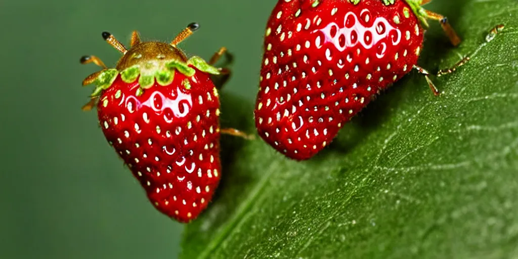 Prompt: macro photorealism, little scarry insects living on strawberry