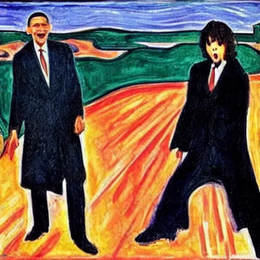 Prompt: obama and harry potter together shouting in unison on the scream edvard munch's painting, museum masterpiece, worth a lot