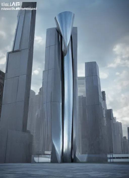 Image similar to highly detailed realistic architecture 3 d render of a huge high futuristic iridescent metallic stele sculpture in zaha hadid style standing in city park, archdaily, made in unreal engine 4 octane render