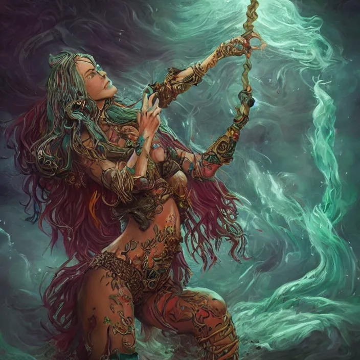 Image similar to sea witch casting a spell, d & d style, trending on artstation, intricate, highly detailed, vivid painting, colorful, art by alexandr leskinen