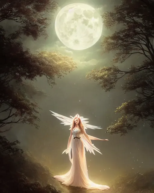 Image similar to attractive fairy goddness fly high in the night, d & d, fantasy, mist, full moon in background, trees, hyper detailed, art by artgerm and greg rutkowski and magali villeneuve, midium shot, 8 k realistic, cryengine, digital painting, trending on artstation, concept art, sharp focus, illustration,