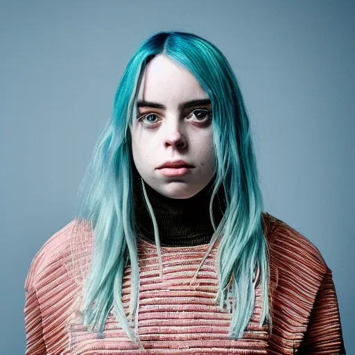 Prompt: Billie Eilish portrait, XF IQ4, f/1.4, ISO 200, 1/160s, 8K, Sense of Depth, color and contrast corrected, Nvidia AI, Dolby Vision, symmetrical balance, in-frame