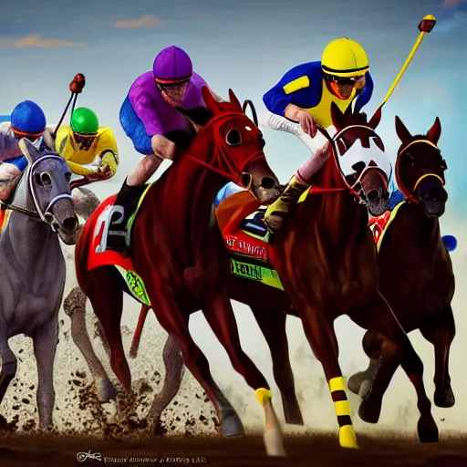 Image similar to kentucky derby horse race with a close finish at the finish line + dramatic, motion, racing, photorealistic horses, photorealistic jockeys, photorealistic : : 1 + style of john collier and leroy neiman + octane render, trending on artstation, artgerm, behance