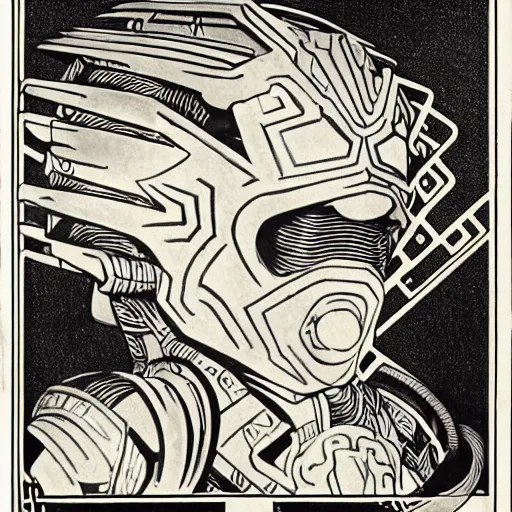 Prompt: majestic, hulking albino clone with engineering diagram tattoos on forehead and rough features, angular steel power armor carved with geometric aztec art deco patterns, on battlefield with strange coiled, spiral clouds, 1 9 7 0 s science fiction concept art photograph by deak ferrand, alphonse mucha, greg rutkowski and carvaggio