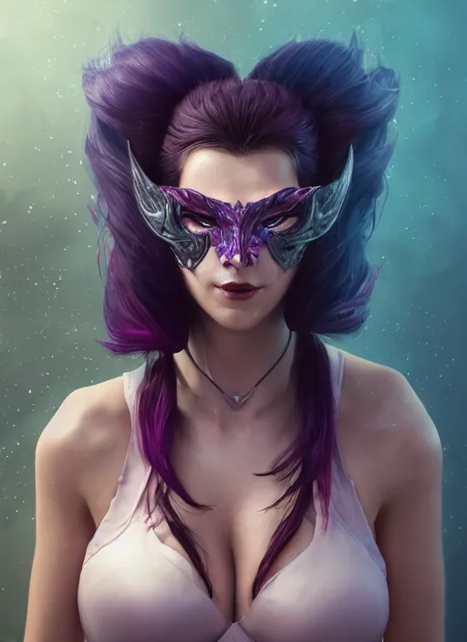 Prompt: renata glasc, from league of legends, wearing a mask, au naturel, bralette, hyper detailed, digital art, trending in artstation, cinematic lighting, studio quality, smooth render, unreal engine 5 rendered, octane rendered, art style by klimt and nixeu and ian sprigger and wlop and krenz cushart