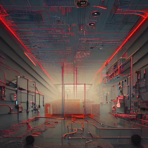 Image similar to a vast modern computing center with Cray XMP with furniture, floor tiles, exposed circuit boards and complexes of wiring, nixie tubes and tesla coils. immaculate octane redshift concept art render by Zdzisław Beksiński, by beeple, by Artgerm, beautiful modern colors, ultradetailed, 4k ultra, keyframe, very coherent artwork, cinematic, hyper realism, high detail chromatic ink outline, octane render, unreal engine, 8k, High contrast, golden ratio, trending on cgsociety, ultra high quality model, production quality cinema model