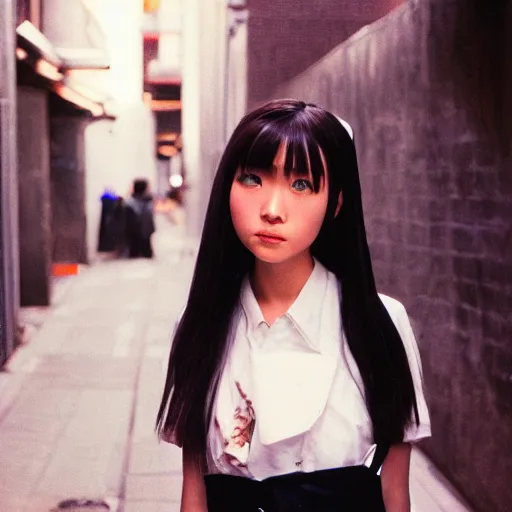 Image similar to 2000s perfect 8K HD professional photo of close-up japanese schoolgirl posing in sci-fi dystopian alleyway, at instagram, Behance, Adobe Lightroom, with instagram filters, depth of field, taken with polaroid kodak portra